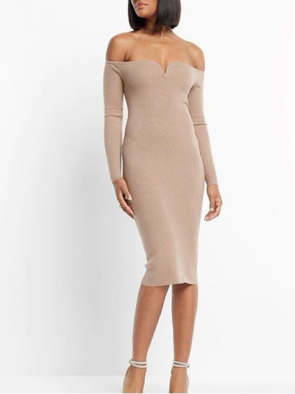 Express Taupe Off-Shoulder Midi Bodycon Dress